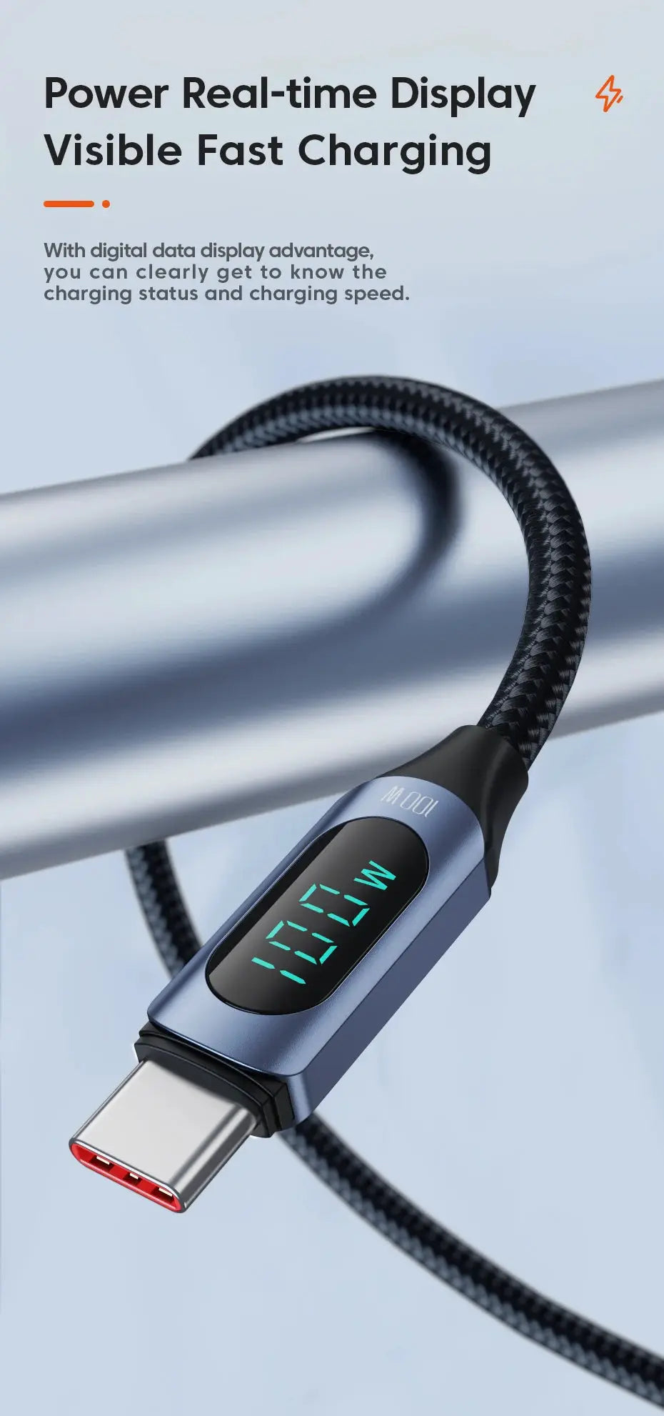 Toocki USB-C to USB-C 100W PD cable with braided black cord and blue display screen