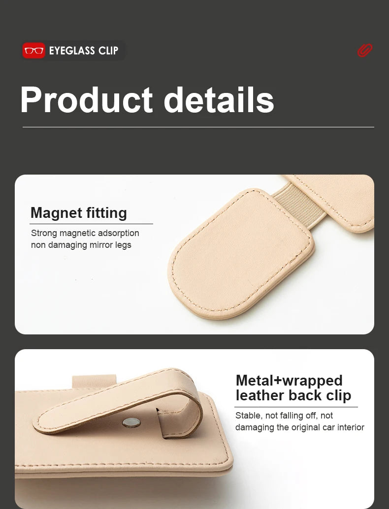 Beige leather car sun visor sunglasses holder with magnetic clip and wrapped back clip