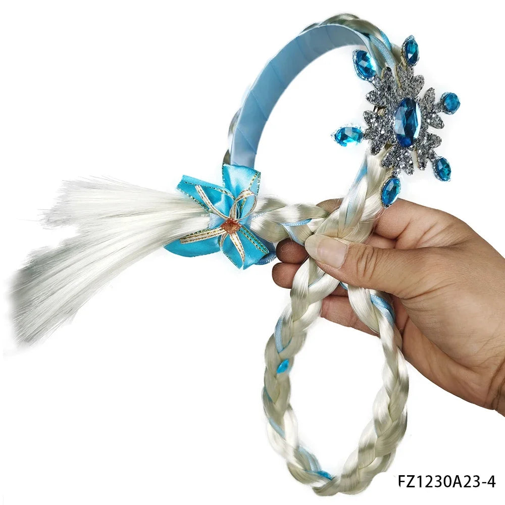Rapunzel braided wig headband for girls with long white-blonde braids, blue flower bow, and jeweled snowflake ornament