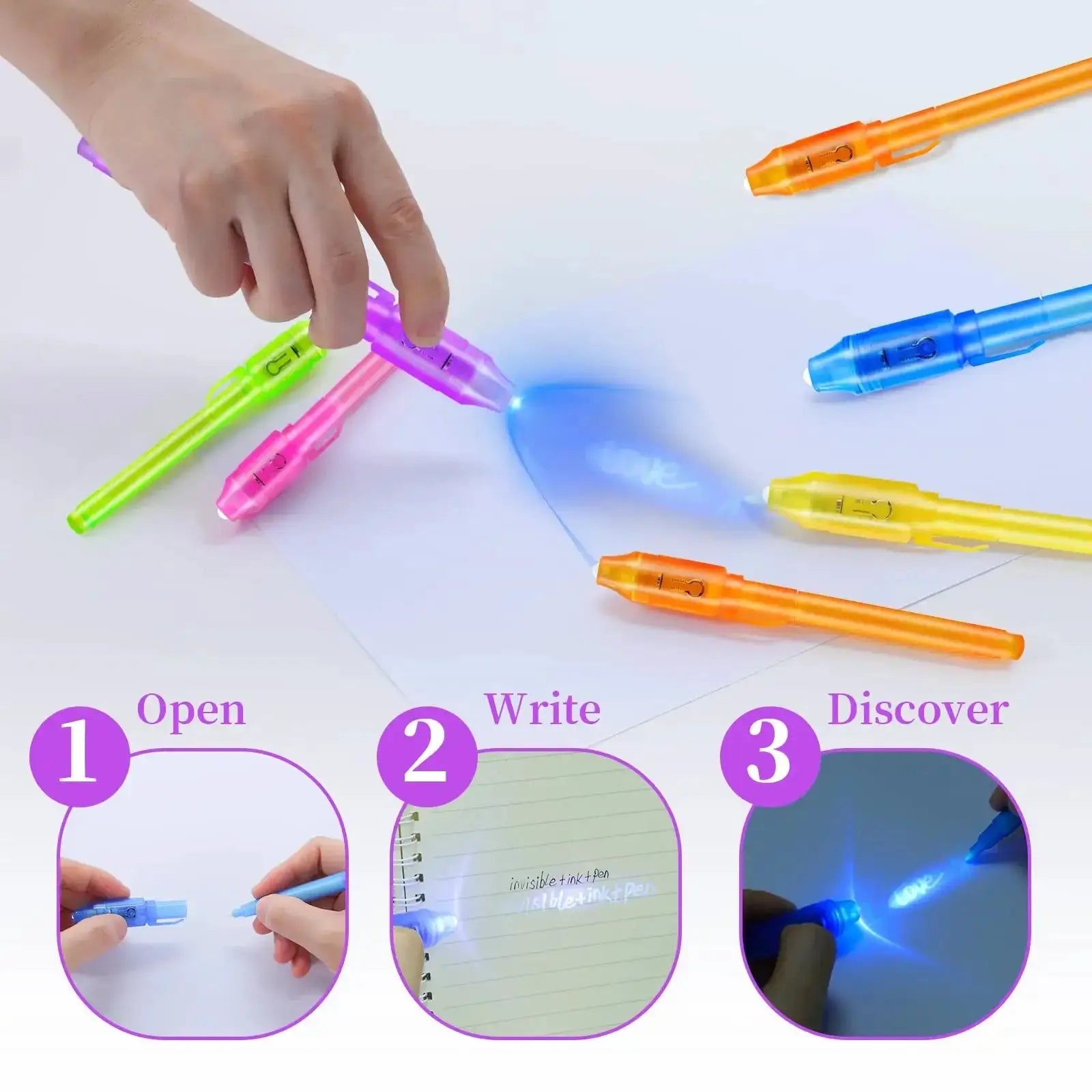 10 pack invisible ink pens with UV light in neon colors for kids' parties and classroom use