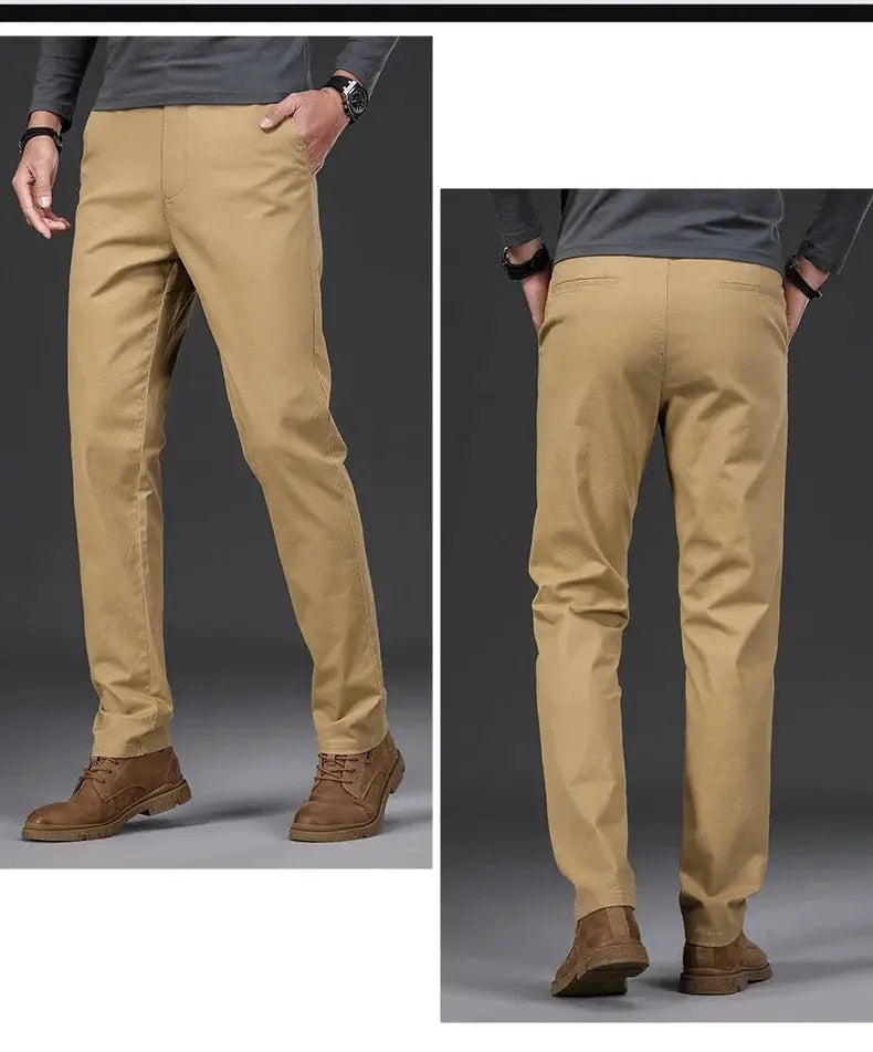 Simples Market 97% cotton men's casual khaki pants; elastic slim-straight business trousers, front and back views.