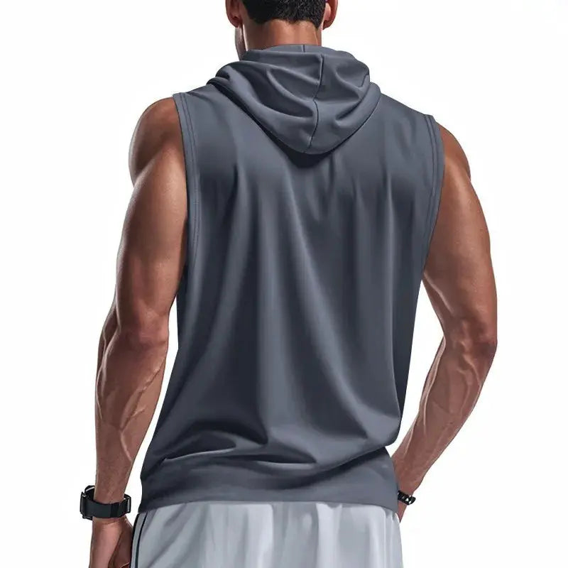 Men's sleeveless hooded gym tank top in charcoal gray.