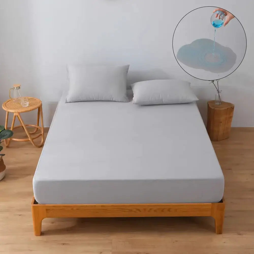 Waterproof mattress protector cover 1pc by Simples Market, breathable knitted fitted sheet on gray bed