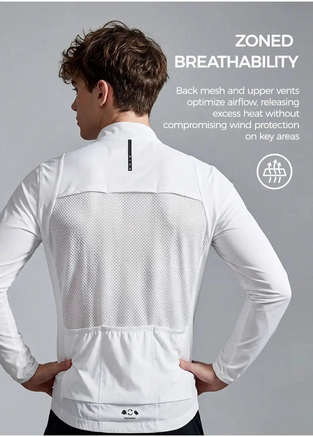 RION men's white windbreaker with mesh back panel, vented upper back, packable outdoor coat