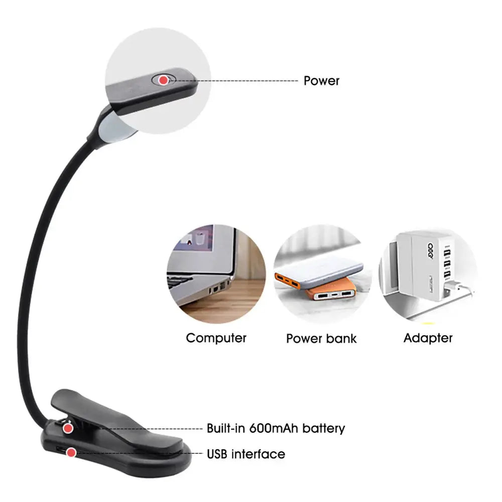 Simples Market LED book light USB rechargeable reading lamp with flexible gooseneck clip, 3 brightness levels, built-in 600mAh battery