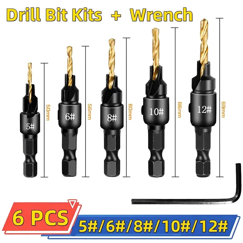 5 Piece Countersink Drill Bit Set For Woodworking With Pilot Holes For Screw Sizes 5 6 8 10 12