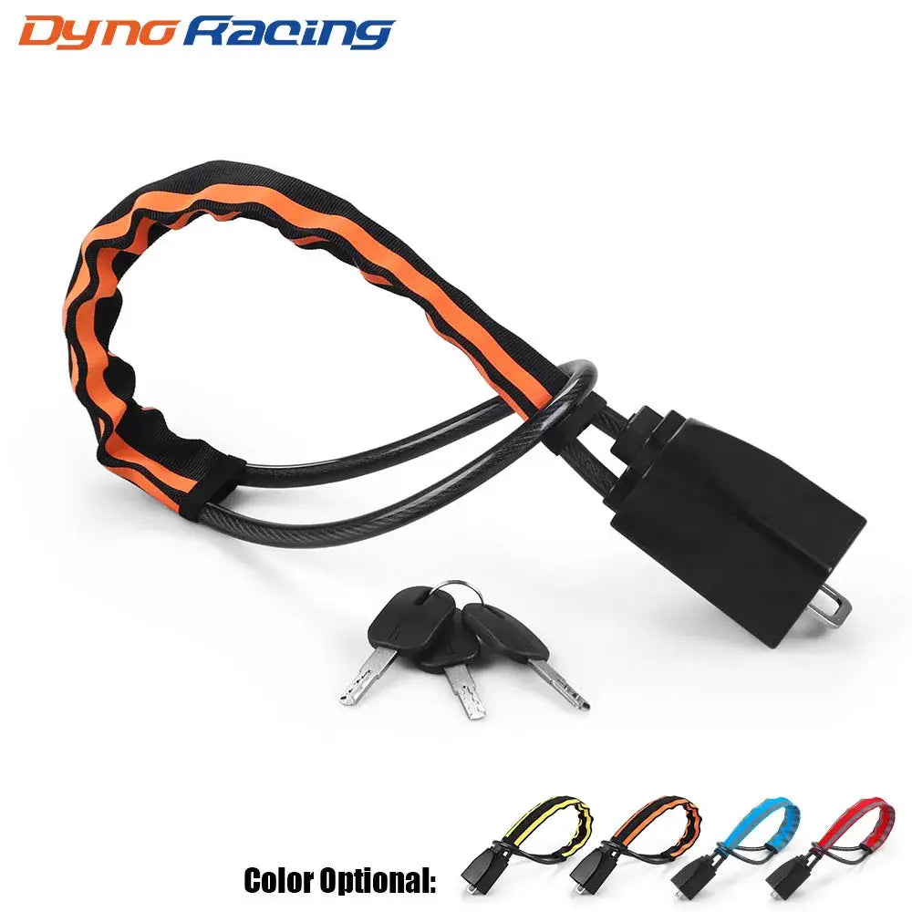 Car steering wheel lock with steel cable and 3 keys; black lock, orange and black strap, universal anti-theft device