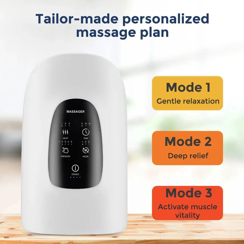 Smart hand massager in white with black control panel and three modes: gentle, deep, vitality