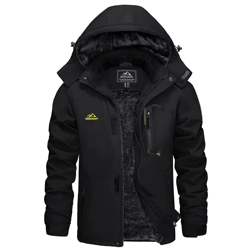 KEFITEVD men's black waterproof winter ski jacket with hood, fleece lining and outdoorsport logo