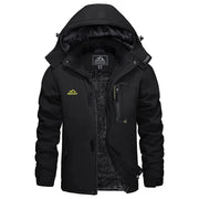KEFITEVD men's black waterproof winter ski jacket with hood, fleece lining and outdoorsport logo