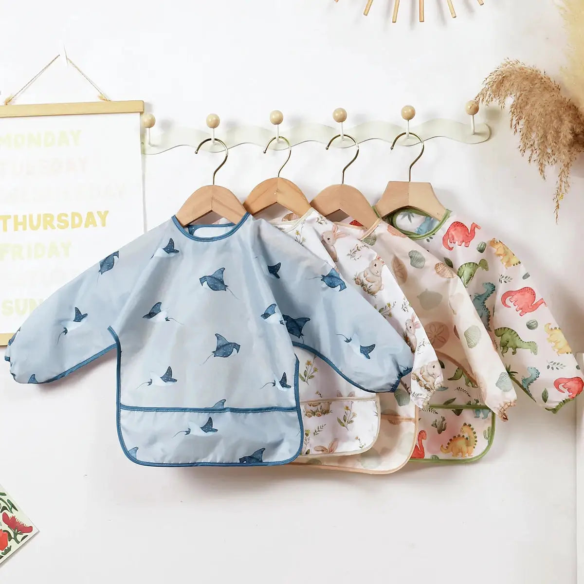 Elinfant Long Sleeve Waterproof Feeding Bibs For 1-3 Years Washable Burp Cloth Coverall Bibs Easy Clean