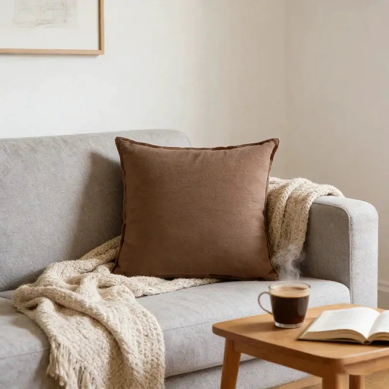 Decorative ramie cushion cover by Simples Market in brown on a light gray sofa with a beige throw