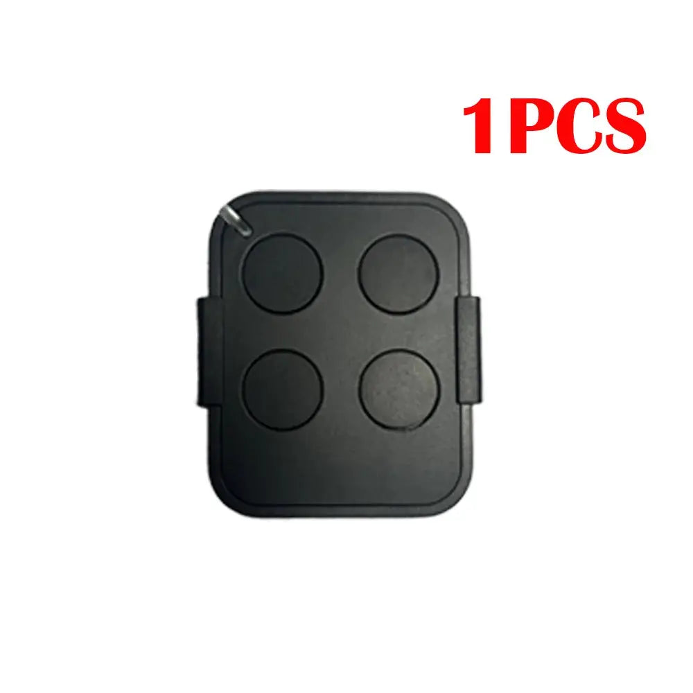 Garage door remote control, black four-button wireless handheld with rolling code at 433.92MHz.