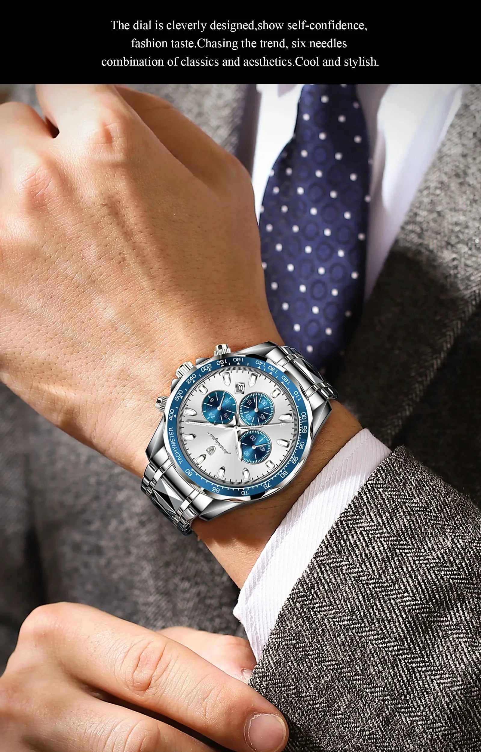POEDAGAR men's luxury stainless steel chronograph watch with blue bezel and white dial