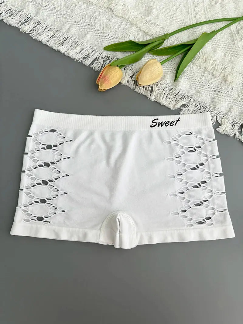 White seamless underpants skirt with side hollow-out mesh panels.