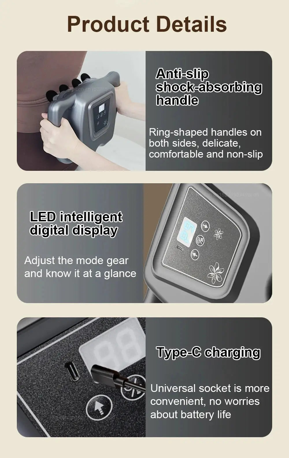 Simples Market fascia massage gun with 16 heads, anti-slip handle, LED display, and Type-C charging