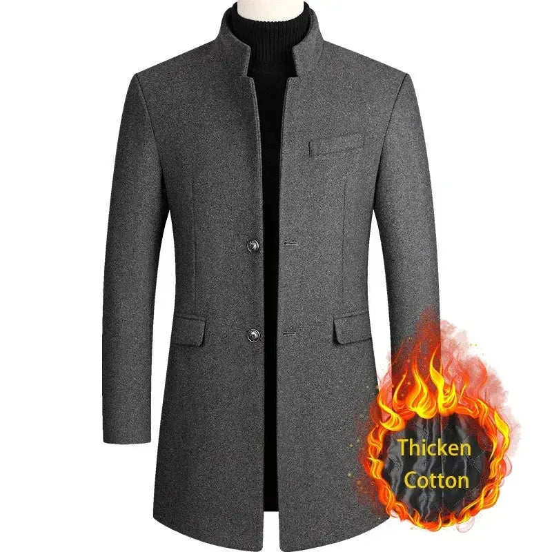 Men's gray wool-blend coat with stand collar, business casual trench style