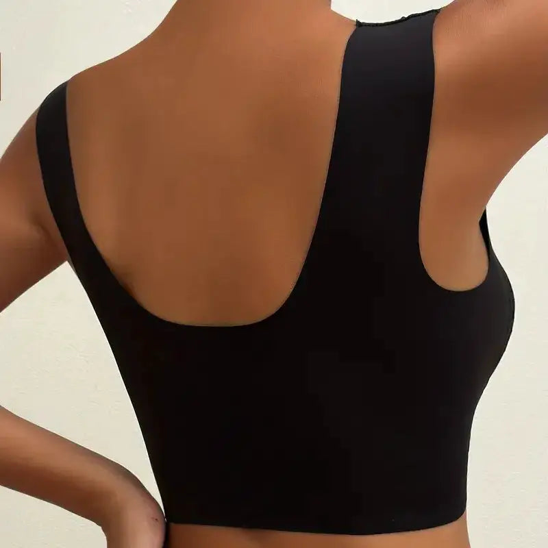 Womens black seamless bralette with wide straps; ice-silk fabric, back view