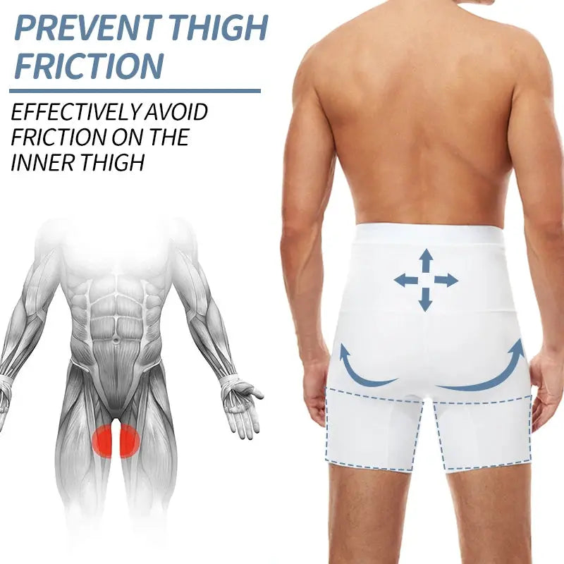 Men's white tummy-control compression shorts with anti-friction design; high-waist abdomen support, Simples Market.