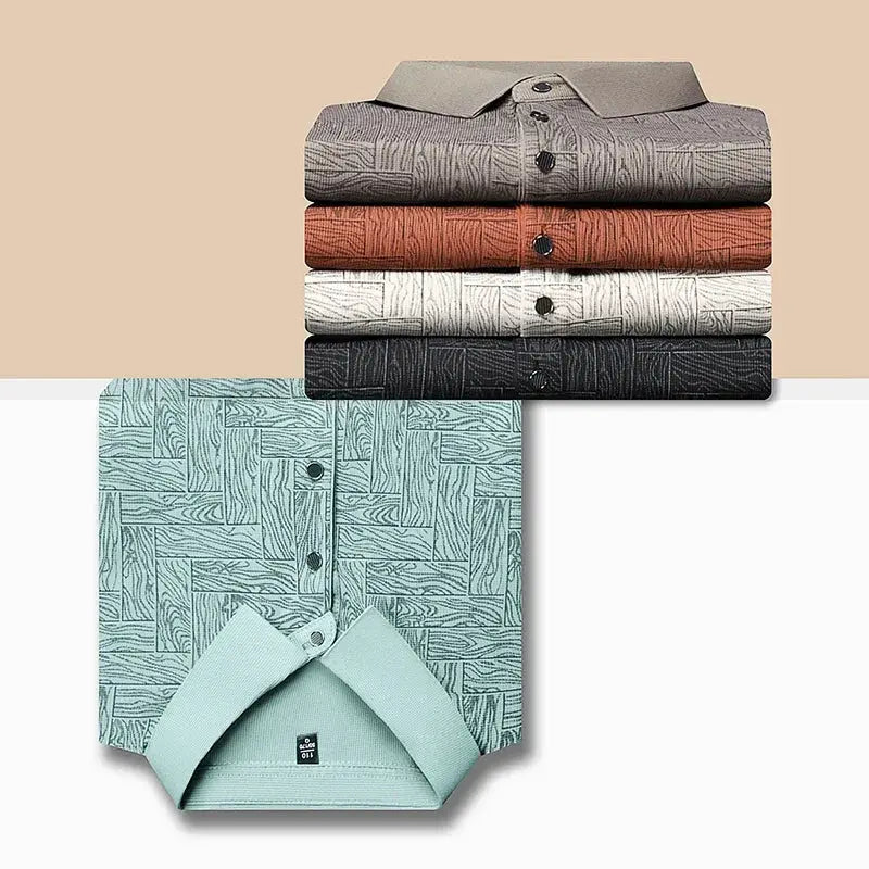 Men's polo shirts by Simples Market with prints; teal front shirt among six total, folded in gray, tan, white, black.