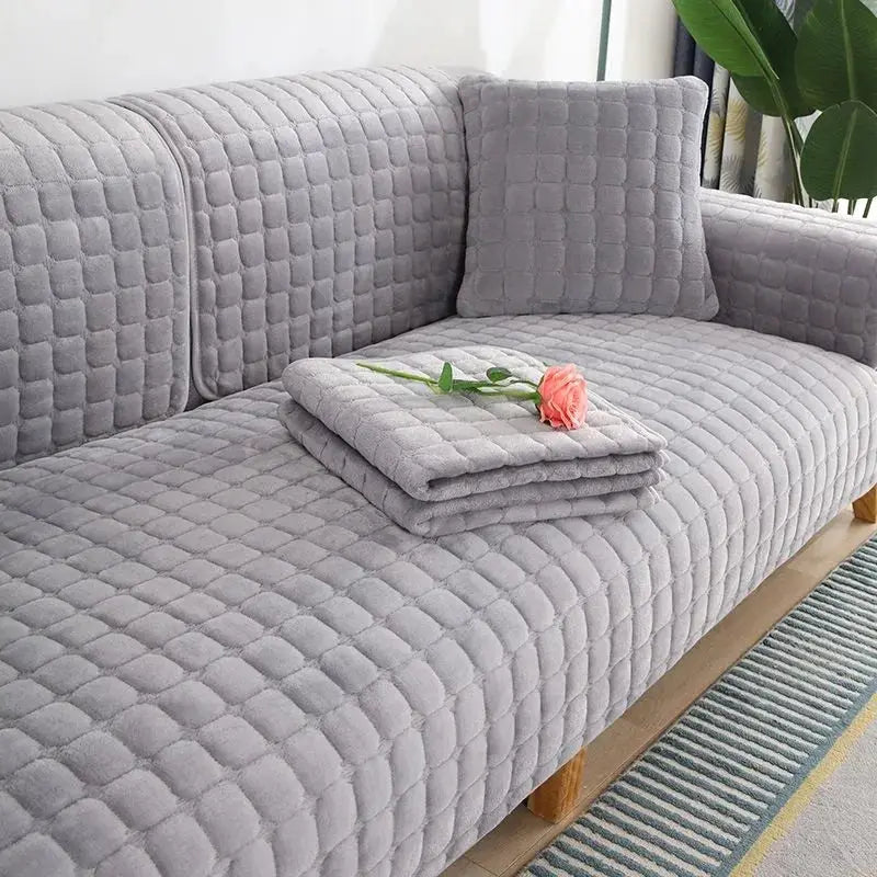 Simples Market velvet sofa cover in gray plaid quilted fabric; non-slip, thickened living room couch cover