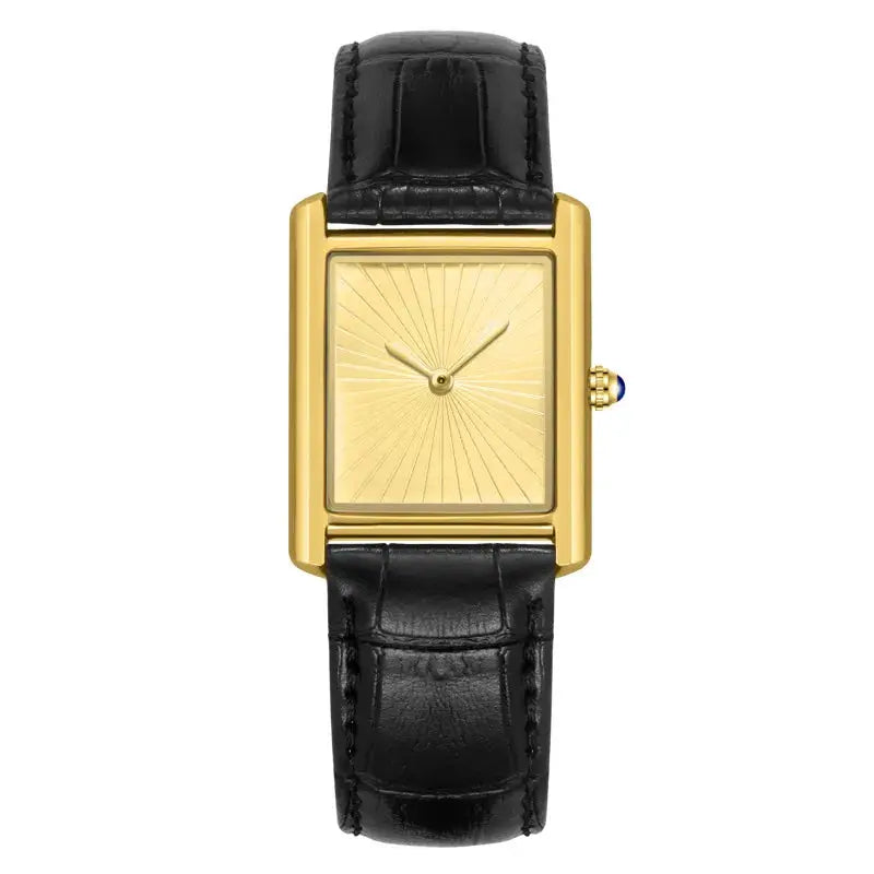 Simples Market square watch with gold-tone rectangular case and black leather strap, two-hand quartz.