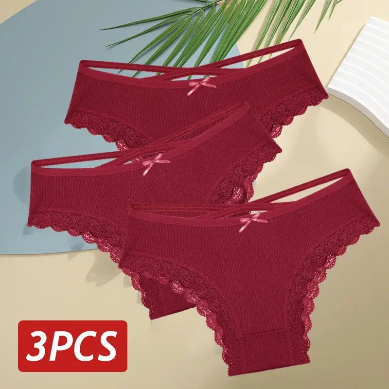 3-piece set of women's red cotton panties with lace trim and bow, low-rise design