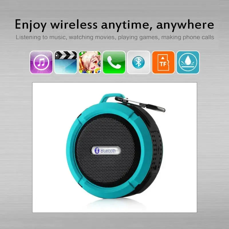 Simples Market waterproof wireless portable Bluetooth speaker, teal circular design with black mesh grille