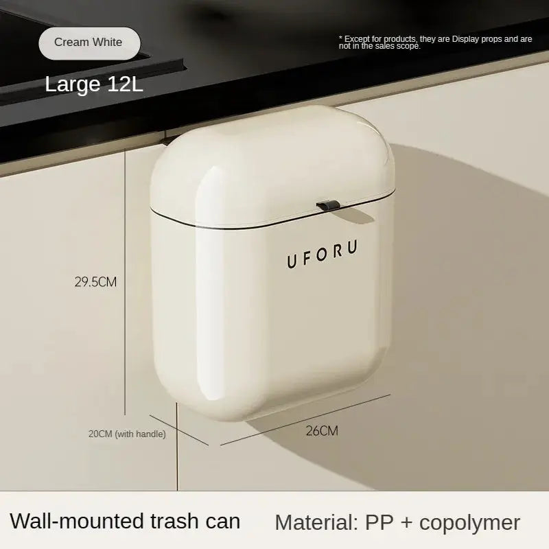 Cream wall-mounted trash can with lid, 9L/12L, UFORU logo, suitable for kitchen or bathroom.