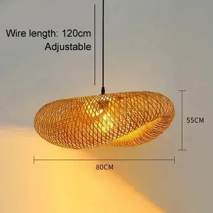 Bamboo woven LED pendant light with natural tan shade, 80cm wide and 55cm high, adjustable 120cm cord