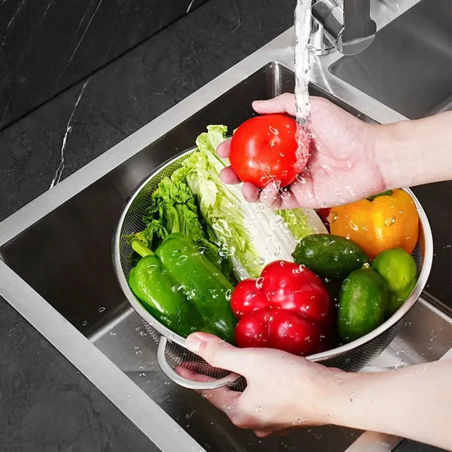 All Purpose Stainless Steel Fine Mesh Strainer Set With Handles Resting Base Net Baskets For Kitchen