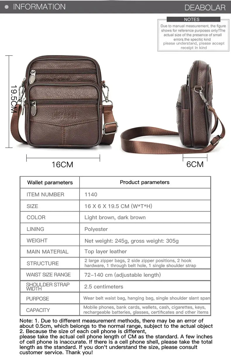 Men's genuine leather crossbody bag in brown with multiple zip pockets by Simples Market