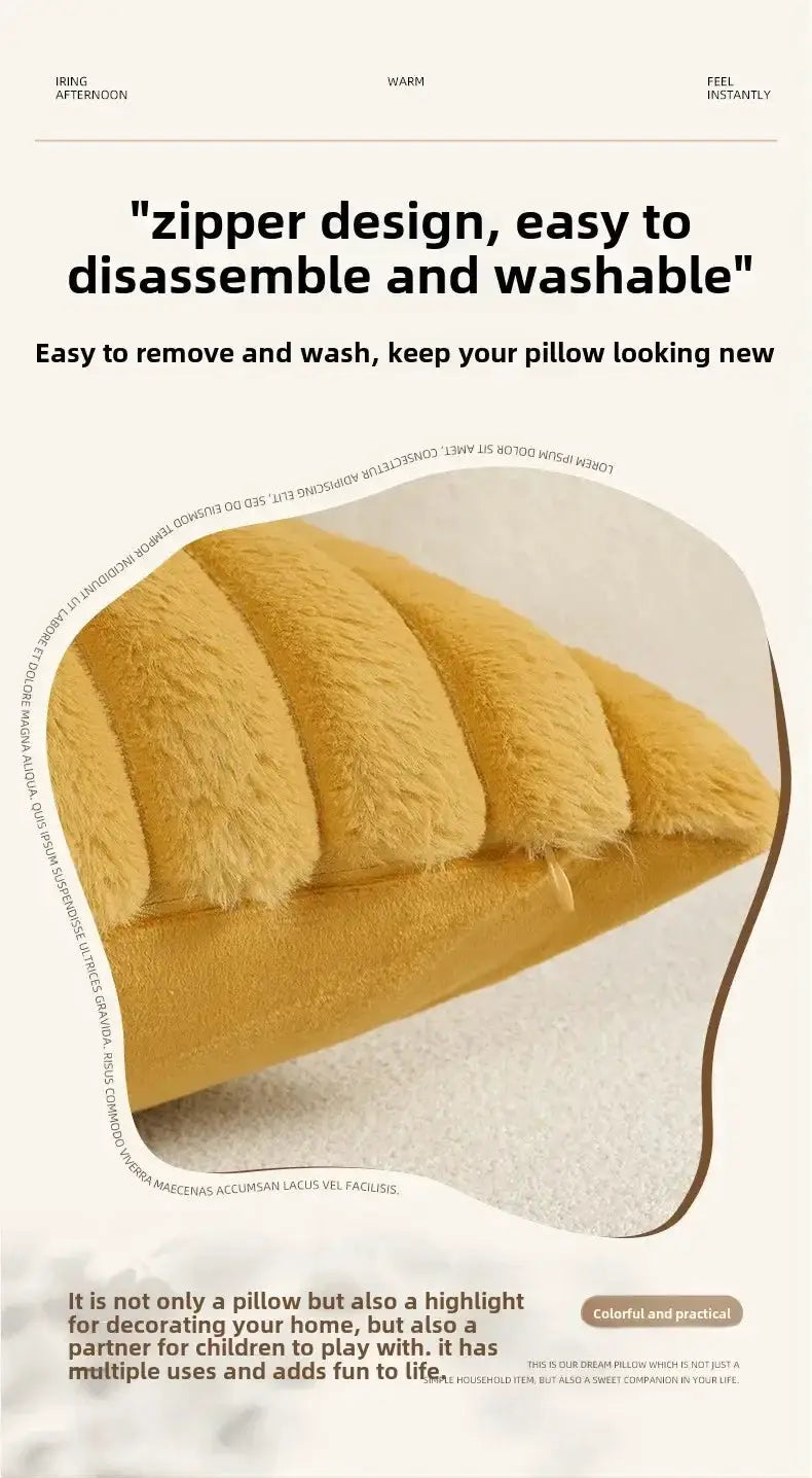 Faux rabbit fur cushion cover by Simples Market in warm mustard, fluffy striped texture with zipper closure for sofa