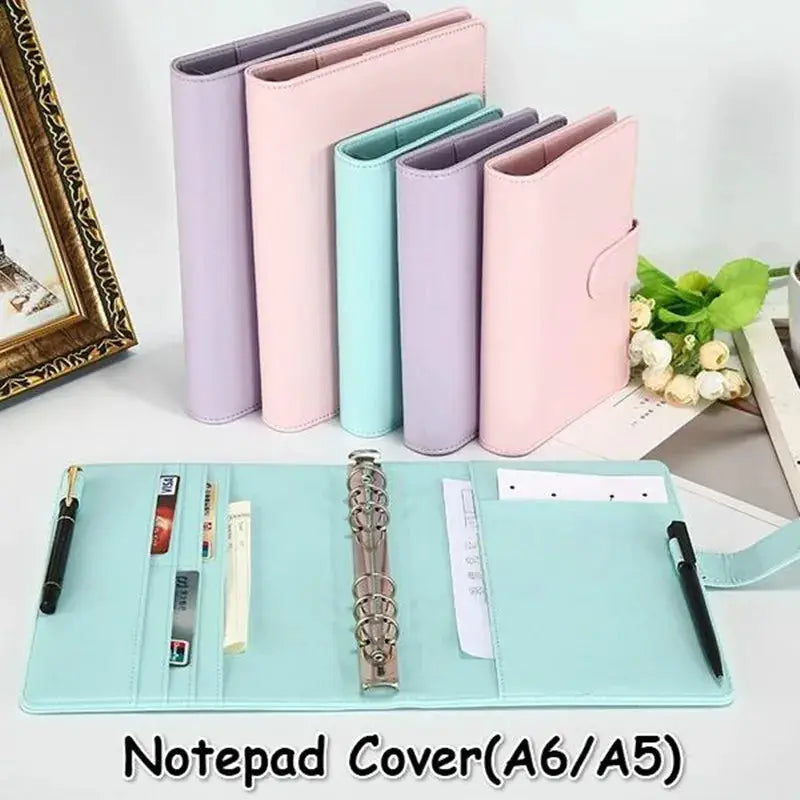 Simples Market set of six pastel leather notebook covers with ring binder interior and card slots.