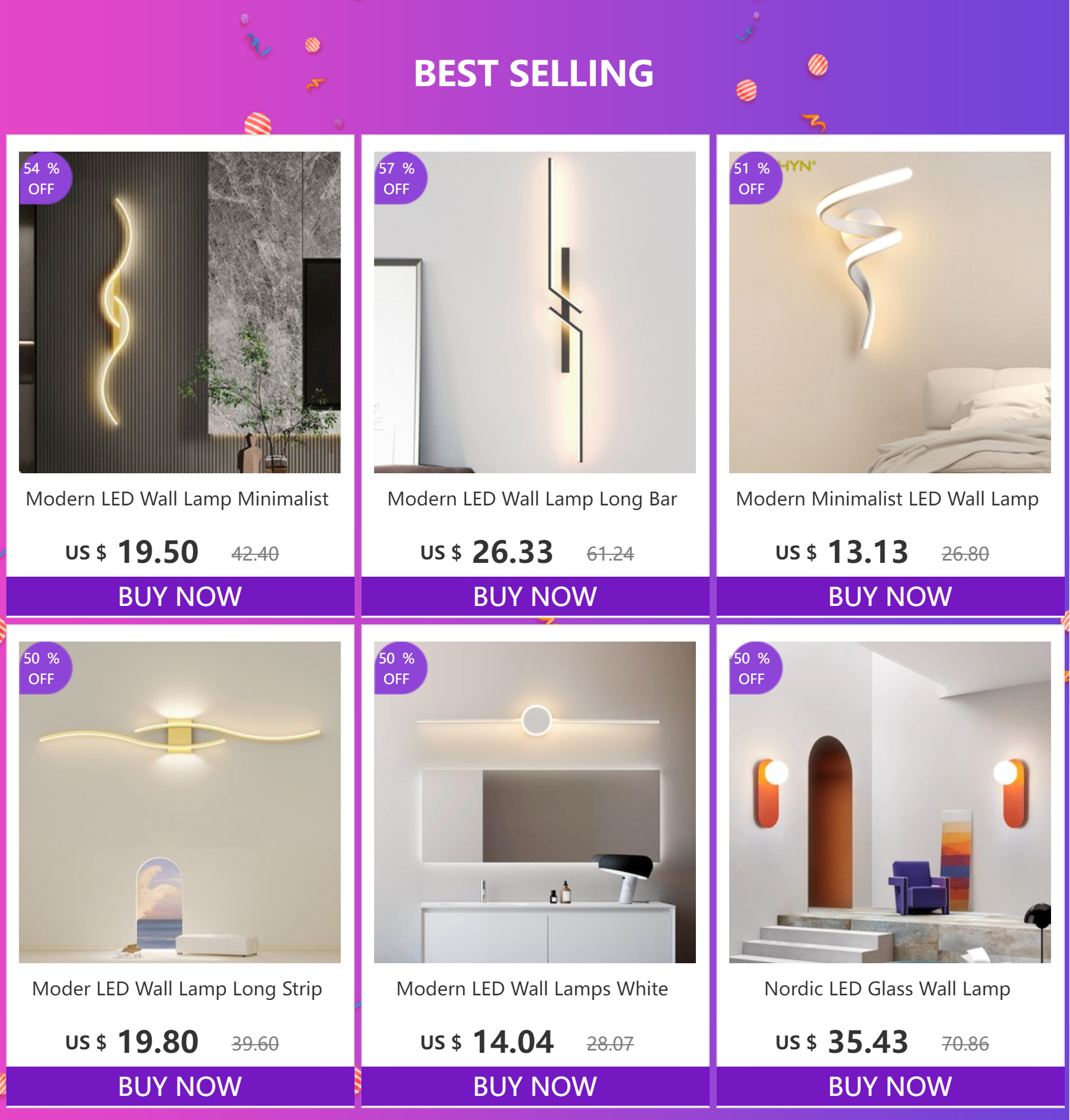 Simples Market Modern LED Wall Lamp collection: three minimalist wall lamps (curved glow, long bar, spiral white)