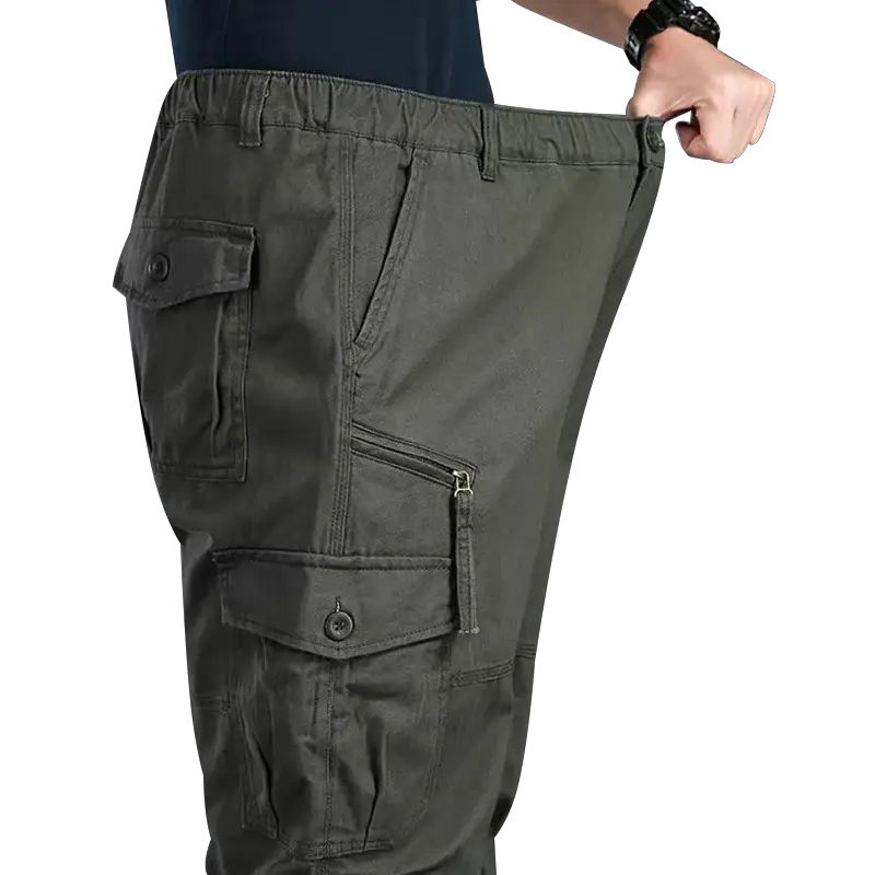 Simples Market men's cargo pants with elastic waist, gray cotton fabric and multiple pockets