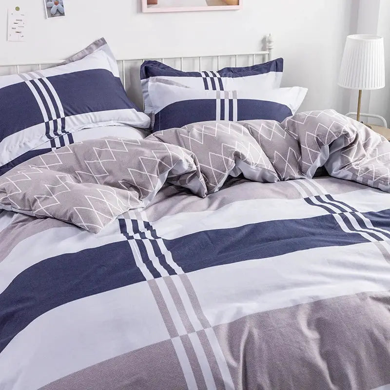 Duvet cover set, 100% cotton, striped navy, white and gray; includes 1 duvet cover and 2 pillowcases