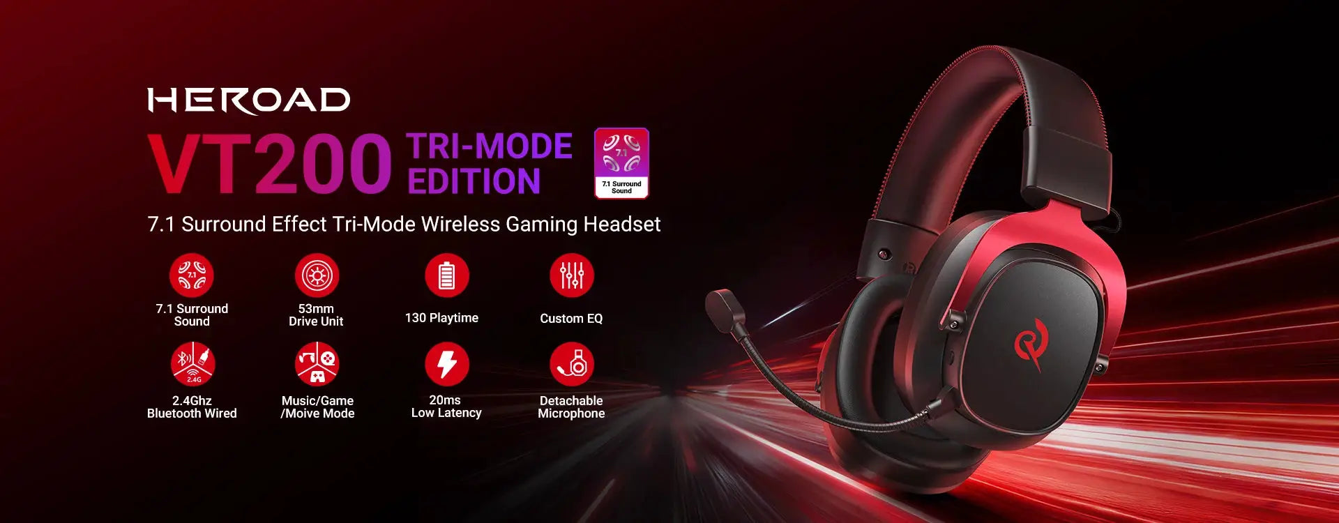 Herooad VT200 tri-mode gaming headset in red and black with 7.1 surround sound