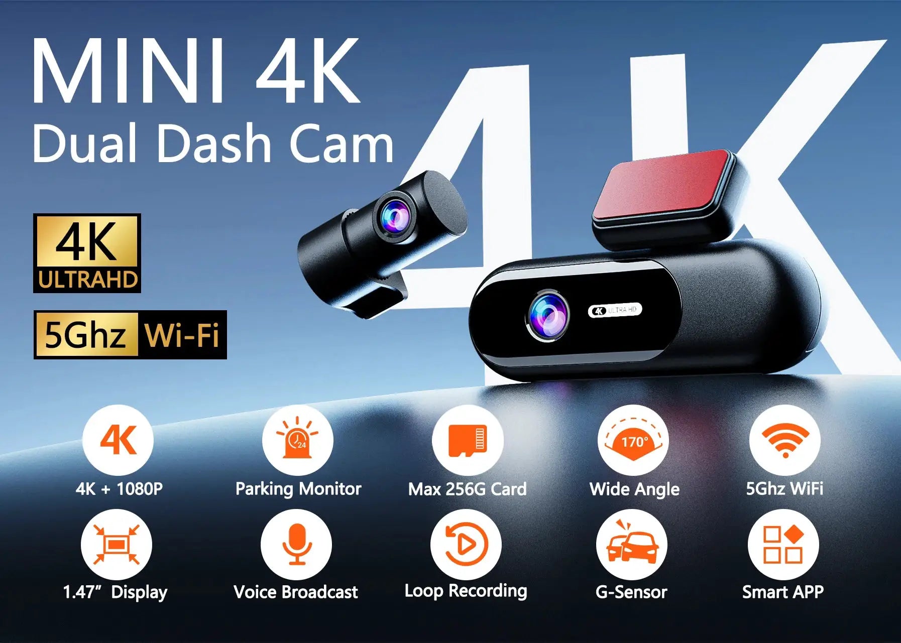 Dash Cam Mini 4K Dual Front/Rear Car Camera with HDR Night Vision and built-in Wi-Fi