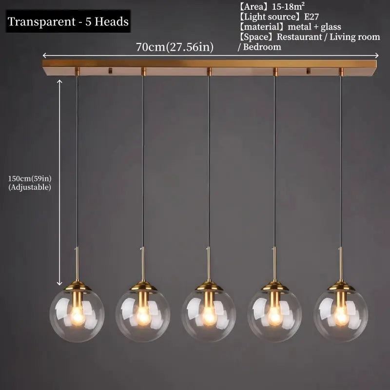 Five glass globe pendant chandelier with brass metal accents; modern Nordic style, adjustable hanging height.