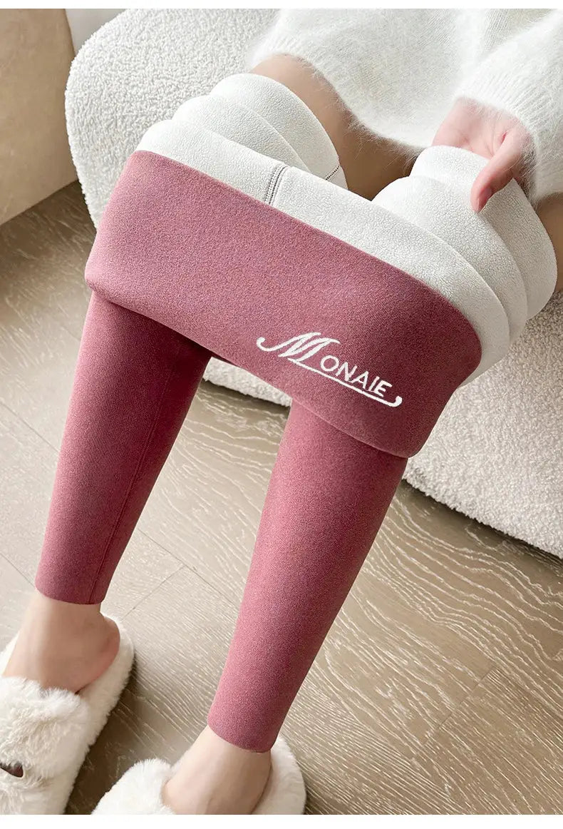 Winter cashmere leggings for women, burgundy high-waist with white fleece cuffs and MONAE logo.