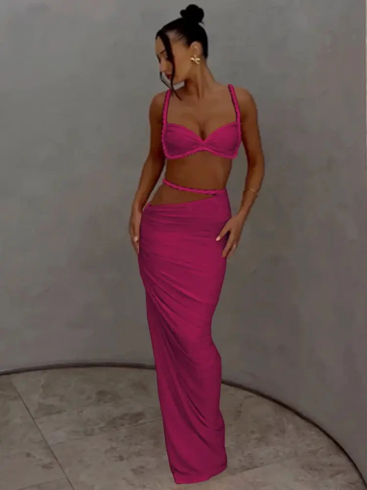 Kliou Woven Sexy Women Two Piece Set With Pleated Crop Camisoles And High Waist Maxi Skirt Contouring Stretch Fabric