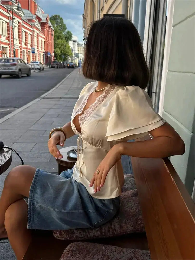 Lace Up Hollow Out Cropped V Neck T Shirt For Women Lightweight Polyester Summer Top