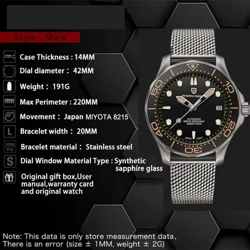 PAGANI DESIGN 007 men's automatic watch with stainless steel mesh bracelet, black dial, gold bezel.