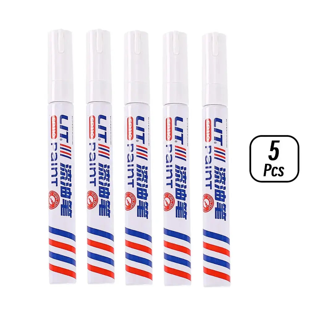 Simples Market 5-pack permanent paint markers, 3mm tip, waterproof; white bodies with red and blue stripes