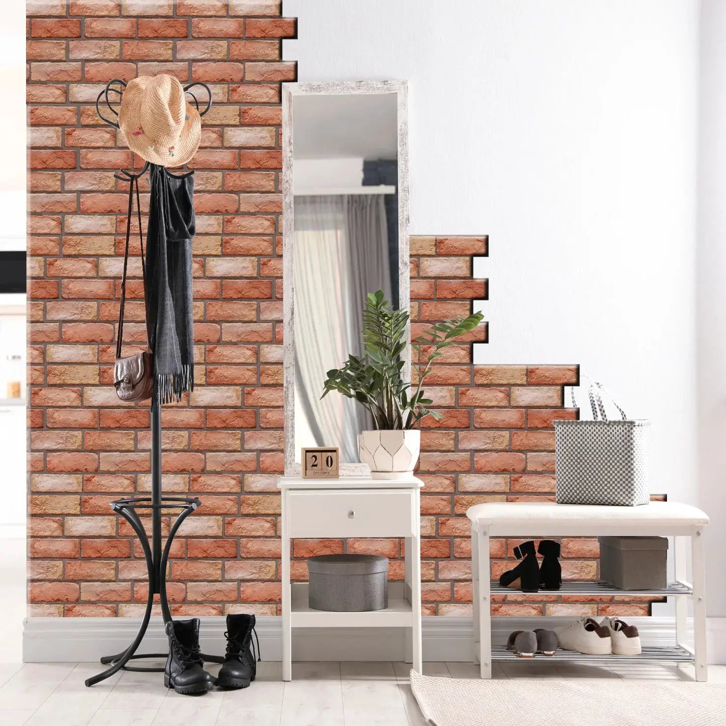 Self-adhesive brick wall panels with red brick pattern; waterproof 3D texture for bathroom or fireplace decor