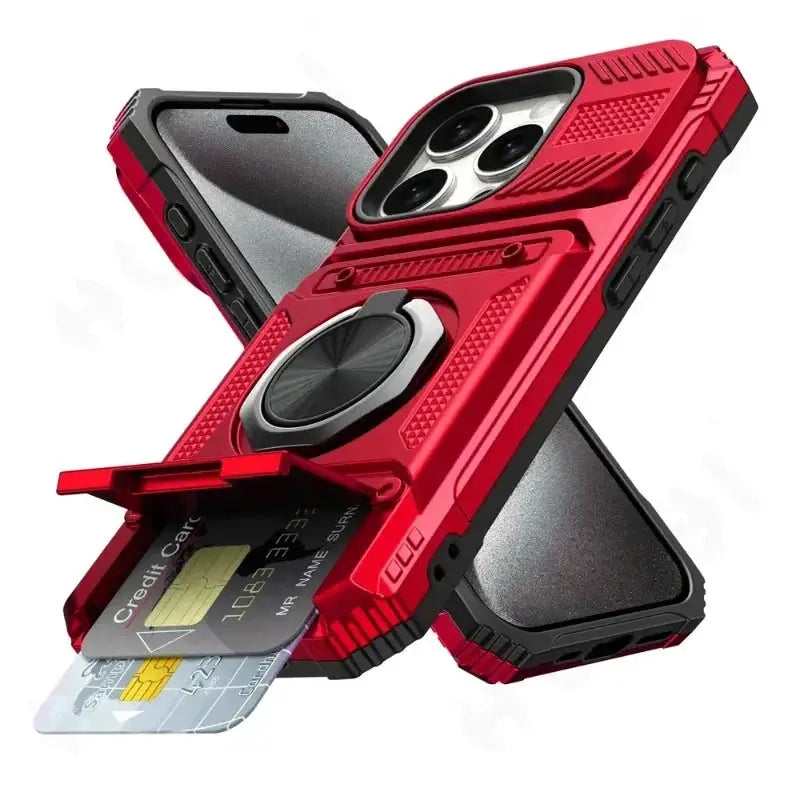 ShieldTech Pro Wallet Case For iPhone 7 To 16 Pro Max Magnetic Ring Kickstand And Card Slots Heavy Duty Drop Guard