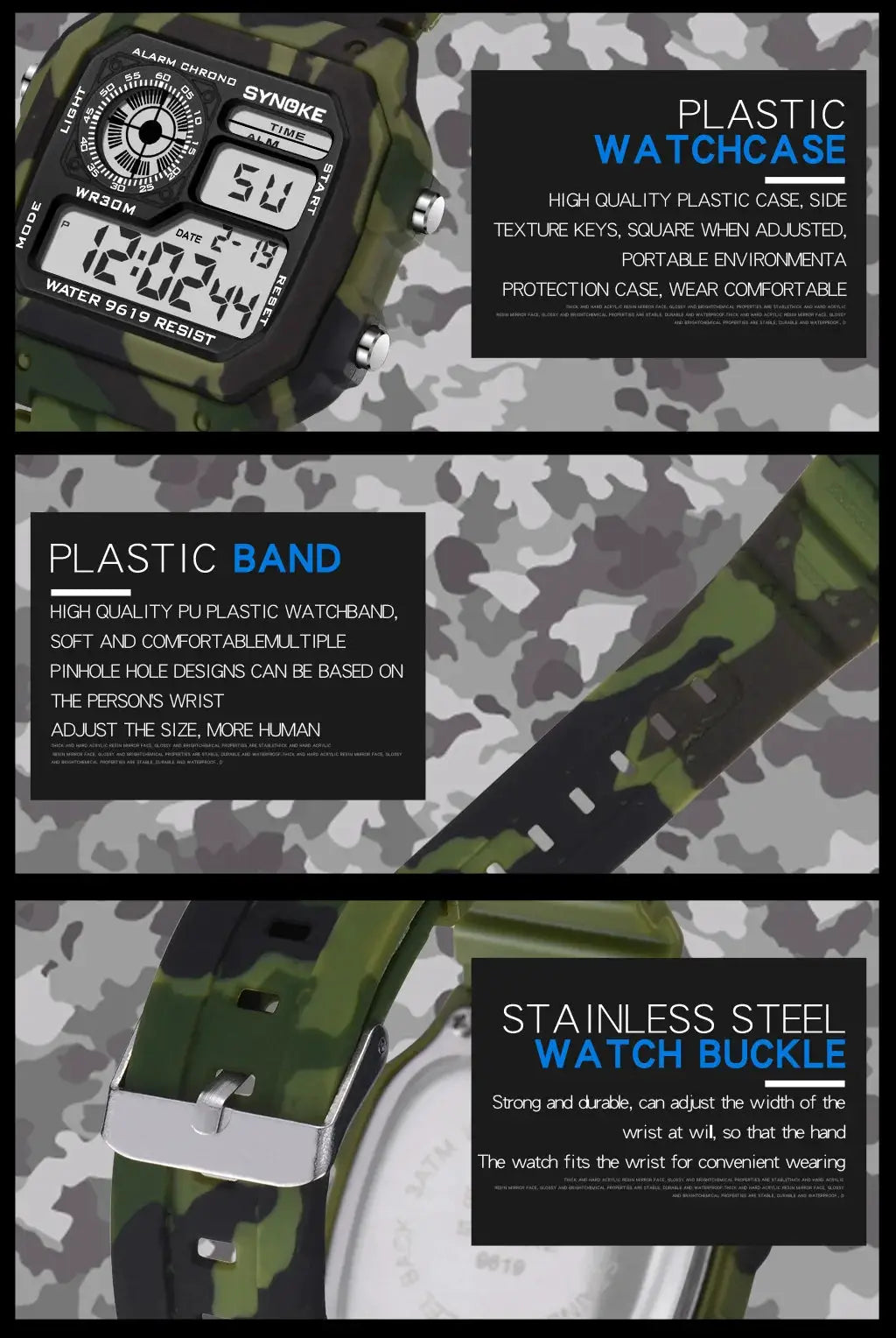 SYNOKE outdoor military digital watch for men with camo PU plastic band and plastic case, waterproof