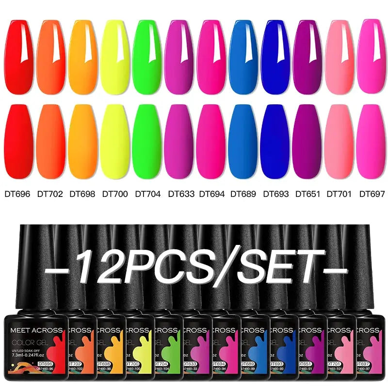 12-piece MEET ACROSS gel nail polish set with bright assorted colors; CROSS branded bottles