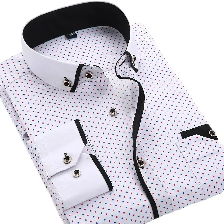 Men's white button-down shirt with red and blue dot pattern, black piping, long sleeves, slim fit